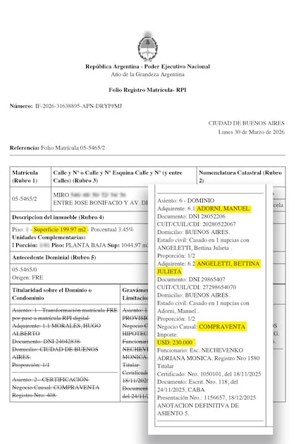Datos del registro del departamento adquirido por Manuel Adorni y su esposa en la calle Miro