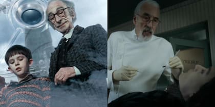David Kelly interpretó a Joe, el abuelo de Charlie (izquierda), mientras que Christopher Lee se puso en la piel del padre de Willy Wonka (derecha)