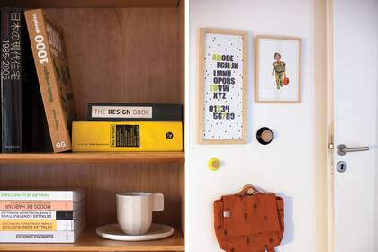 Izq.: Caro es fanática y coleccionista de tazas, y casi siempre cuando viaja trae alguna de vuelta. Esta se vino desde Copenhague. Der.: cuadro de Ana Braconi en el dormitorio del bebé