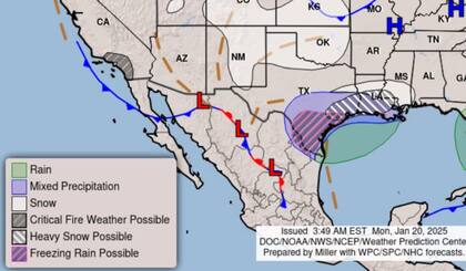 De acuerdo al Servicio Meteorológico Nacional de Estados Unidos en el sur de Texas se esperan nevadas y podría caer lluvia helada
