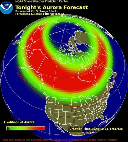 De acuerdo con el NOAA, las auroras boreales tendrán una actividad geomagnética de niveles entre 5 y 7 en el norte de Estados Unidos