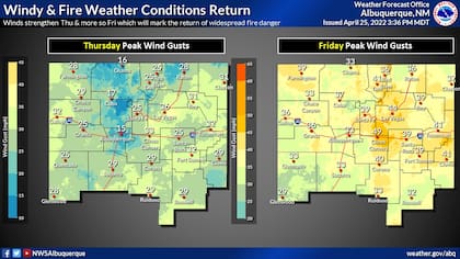 De acuerdo con el Servicio Nacional del Clima de Albuquerque, tras observar el pronóstico del viento, se dan las condiciones climáticas para que el fuego no cese (Crédito: Twitter/@NWSAlbuquerque)