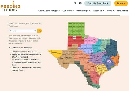De acuerdo con Feeding Texas, todos los condados del estado están cubiertos por un banco de alimentos (Feeding Texas)
