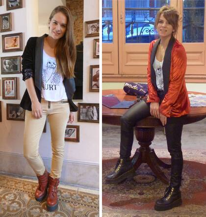 De día: Gimena y Luz, en la tienda de Mía Cruz, con looks muy parecidos: chupines, botitas y blazer sobre de una remera. Nos quedamos con el blazer color ladrillo de Gimena, ¿y ustedes?