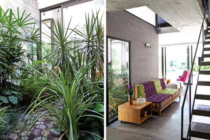 De espaldas al patio interno, sillón capitoné con respaldo trapezoidal y combinación de lisos y rayas (Artesano de Sueños). Mesa baja (Hey Jude).