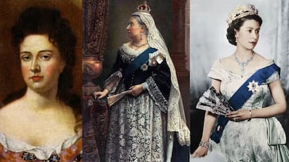 De izq. a der. y con años de reinado: Ana, 1702-1714; Victoria, 1837-1901; Isabel II, 1952-2022