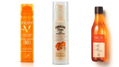De izq a derecha. Idéal Solei, bruma invisible hidratante y refrescante para el rostro, $581, Vichy. Silk Hydration Air Soft SPF 50, con olor a coco. $345, Hawaiian Tropic. Buriti de Ekos, protección solar sin fragancia en aceite FPS 3. $335, Natura