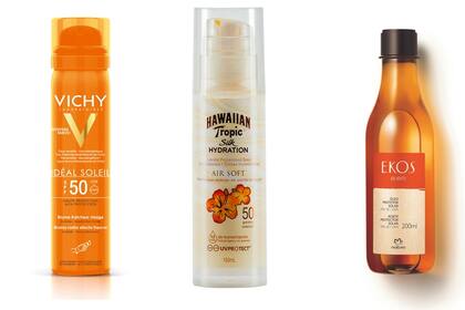 De izq a derecha. Idéal Solei, bruma invisible hidratante y refrescante para el rostro, $581, Vichy. Silk Hydration Air Soft SPF 50, con olor a coco. $345, Hawaiian Tropic. Buriti de Ekos, protección solar sin fragancia en aceite FPS 3. $335, Natura.