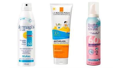 De izq. a derecha. Spray continuo en emulsión FPS 50, protege de las quemaduras. A partir de los 3 años. Dermaglós Solar. Anthelios FPS 50, Leche de fácil aplicación. $600, La Roche Posay. Mousse Pediatric FPS 60 para pieles muy sensibles, puede usarse a partir de los 12 meses. $130, Rayito de Sol