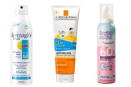 De izq. a derecha. Spray continuo en emulsión FPS 50, protege de las quemaduras. A partir de los 3 años. Dermaglós Solar. Anthelios FPS 50, Leche de fácil aplicación. $600, La Roche Posay. Mousse Pediatric FPS 60 para pieles muy sensibles, puede usarse a partir de los 12 meses. $130, Rayito de Sol