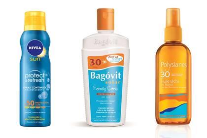 De izq. a derecha. Spray refrescante en aerosol para todo el cuerpo. $289, Nivea. Family Care, protección en emulsión FPS 30. $252, Bagóvit. Aceite seco con monoi y morinda, protección de amplio espectro. $338, Polysianes