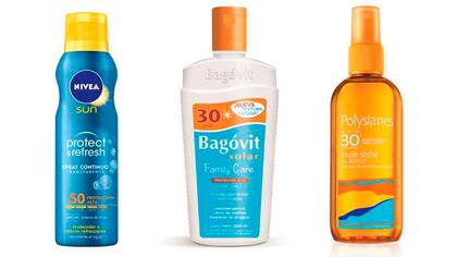De izq. a derecha. Spray refrescante en aerosol para todo el cuerpo. $289, Nivea. Family Care, protección en emulsión FPS 30. $252, Bagóvit. Aceite seco con monoi y morinda, protección de amplio espectro. $338, Polysianes