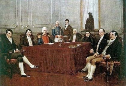 De izquierda a derecha: Belgrano, Castelli, Saavedra, Azcuénaga, Larrea, Matheu, Alberti, Paso y Moreno.