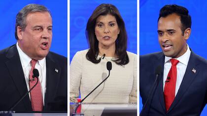De izquierda a derecha, Chris Christie, Nikki Haley y Vivek Ramaswamy
