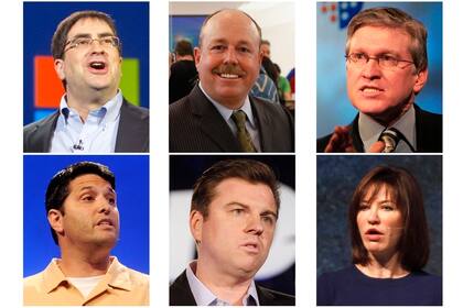 De izquierda a derecha, Eric Rudder, Kevin Turner, Jeff Raikes y (abajo) Terry Myerson, Tony Bates y Julie Larson-Green, ejecutivos senior de Microsoft que podrían ser el futuro CEO