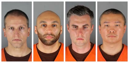 De izquierda a derecha: los agentes de policía de Minneapolis Derek Chauvin, J. Alexander Kueng, Thomas Lane y Tou Thao, acusado por el asesinato de Floyd
