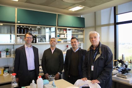 De izquierda a derecha: Pablo Brumovsky, Gustavo Álvarez, Alejandro Montaner y Marcelo Villar en el laboratorio del dolor del IIMT (Conicet-Universidad Austral)