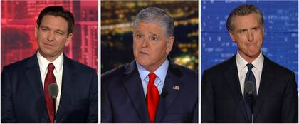 De izquierda a derecha: Ron DeSantis, gobernador de Florida, el conductor de televisión, Sean Hannity, y Gavin Newsom, gobernador de California