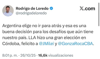 De Loredo celebró la victoria de LLA en Córdoba (Foto: Captura X)