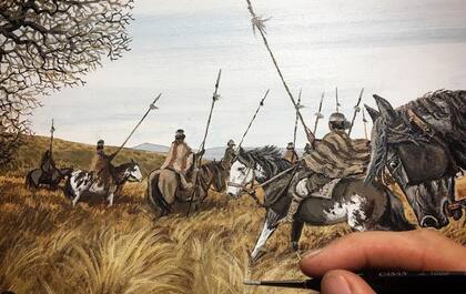 “De médanos y caldenes“, uno de sus óleos, donde recrea la historia argentina