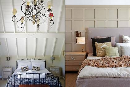 De su casa, el dormitorio blanco con pie de cama azul con letras estampadas