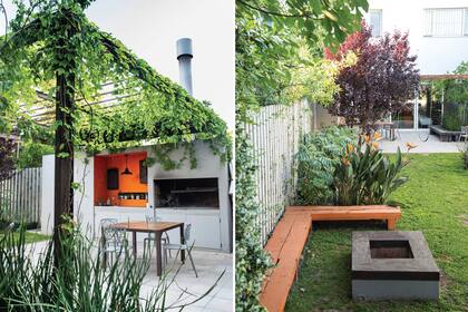 Debajo de la pérgola, el comedor exterior se armó con mesas con ruedas (izquierda). El rincón del fogón invita a la reunión para sentarse en el banco de durmientes pintados de naranja (derecha).