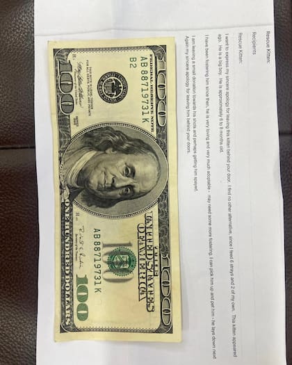 Debajo del animal, el personal encontró otra nota de disculpa escrita a máquina y un billete de cien dólares.