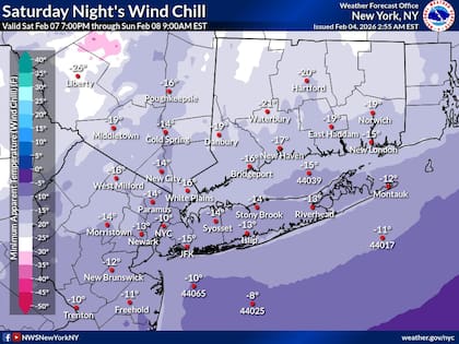 Debido a los fuertes vientos, la sensación térmica podría caer a niveles de entre -15°F y -20°F el sábado por la noche