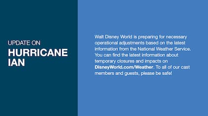 Debido al impacto del huracán Ian en Florida, Disney comunicó que sus parques temáticos permanecerán cerrados entre miércoles y viernes de esta semana