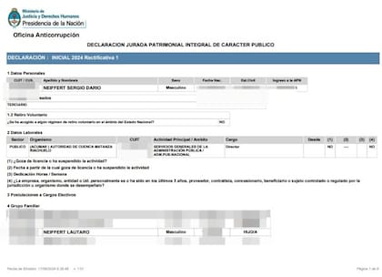Declaración jurada de Sergio Neiffert presentada a la Oficina Anticorrupción.