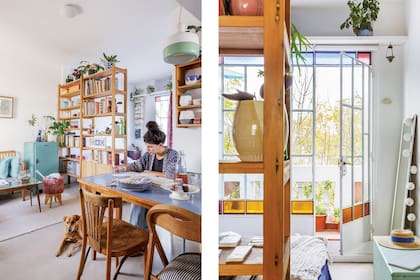 Mundo. Así se llama el perro de Anita, que ella rescató de la calle. Buena idea la de aprovechar las estanterías y la parte superior de la biblioteca para las plantas, en este espacio de techos bastante altos. No hace falta mucho más en las paredes.
