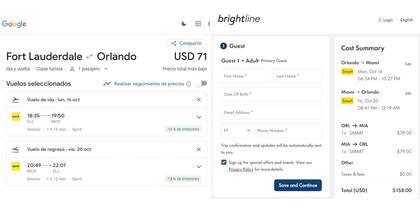 Del lado izquierdo aparece la cotización de Google Flights y del lado derecho el precio del tren Brightline para un viaje redondo entre Orlando y Miami