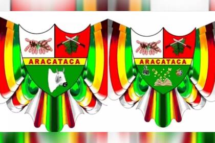Del lado izquierdo, el escudo original de Aracataca; del lado derecho, la imagen propuesta