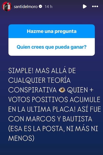 Del Moro respondió preguntas en su Instagram acerca de quién es su favorito en GH
