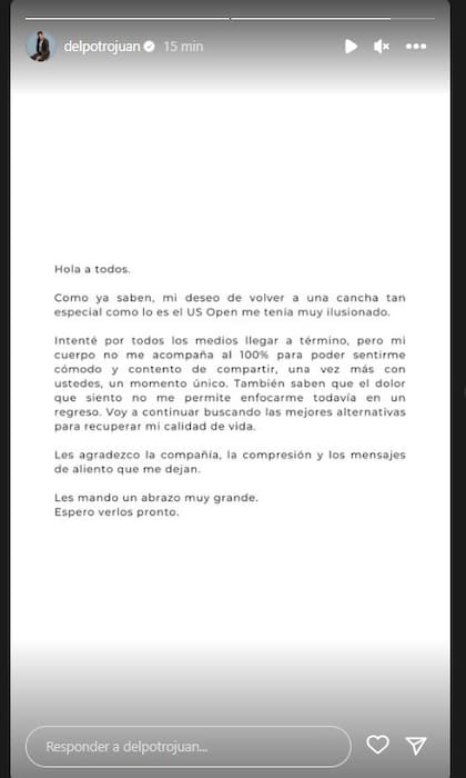 Del Potro anunció su baja del US Open en sus redes sociales