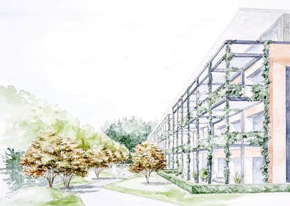 Delante de la fachada de ladrillos, una estructura de hierro permitirá que cada departamento tenga su balcón-terraza. Allí, una perfumada enredadera de jazmines de leche generará un plano verde vertical. Acuarela de Clara Billoch