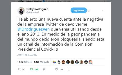 Delcy Rodríguez abrió una nueva cuenta en Twitter luego de que la compañía decidiera bloquearla