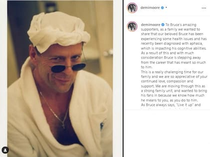 Demi Moore publicó una foto de Bruce Willis y anunció que debido a una afasia, el actor se retiraba de la actuación (Crédito: Instagram/@demimoore)