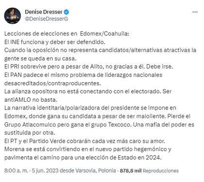 Denise Dresser emitió un polémico mensaje tras la victoria de Delfina Gómez en el Estado de México