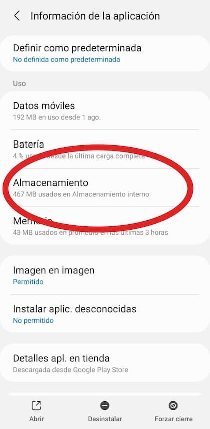 Dentro de WhatsApp, se busca el ícono "Almacenamiento"