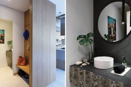 Dentro del núcleo revestido en petiribí hay una suerte de mudroom y el acceso al toilette, donde cuelga una obra de Alejandro Pasquale. En la mesada y en la pared del espejo, se aplicó el revestimiento de piedra laminada ‘Petróleo’ (PedraFlex). Bajo la bacha, flota un bloque de granito negro Brasil con el frente sin pulir, en estado natural.