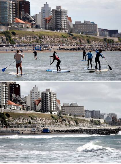 Deportes acuáticos durante las Pascuas de 2019 y la misma playa, vacía hoy por la pandemia de coronavirus