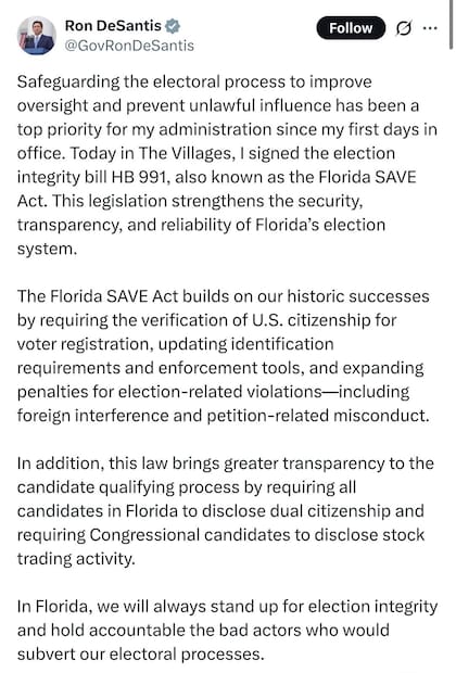 DeSantis hizo foco en la ley en su cuenta oficial de X