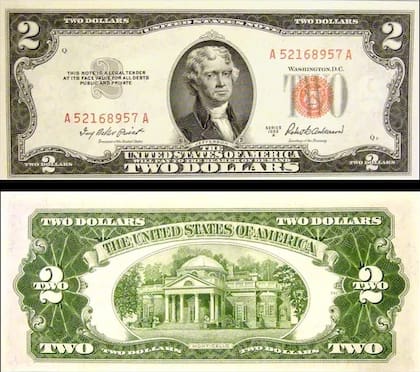 Desde 1928 hasta 1976, el diseño del billete de dos dólares contaba con la imagen de Thomas Jefferson en el anverso y su residencia Monticello en el reverso