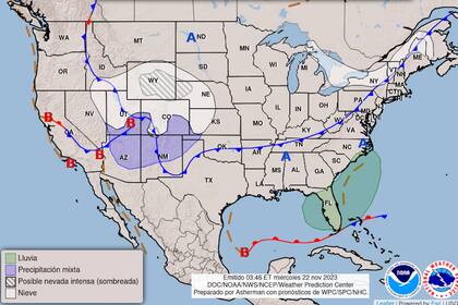 Desde el Día de Acción de Gracias y durante el fin de semana se esperan nevadas en algunas regiones, mientras el sureste tendrá lluvias