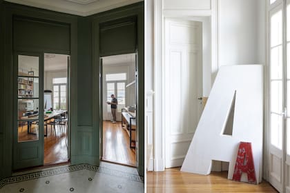 Desde el hall se define la entrada al estudio, que da a la calle. El piso de calcáreos originales tiene un diseño con flores verdes que orienó el tono de las paredes, el Kem Satin ‘6208’ (Sherwin Williams), también en otros sectores.