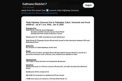 Desde la autoridad de Transporte de California anunciaron los cortes totales y parciales de las vías de circulación por la emergencia. (X Caltrans)
