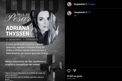 Desde la cuenta de Instagram de la influencer informaron sobre la muerte (Foto Instagram @blogdadrika)