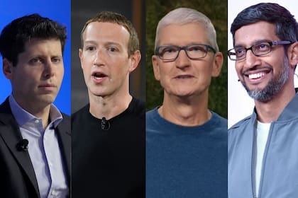 Desde la izquierda: Sam Altman, el CEO de OpenAI; Mark Zuckerberg, el CEO de Meta; Tim Cook, el CEO de Apple; Sundar Pichai, el CEO de Google