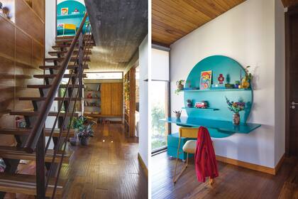 Desde la planta baja se ve un punto de color en un cruce neurálgico de la casa: allí la diseñadora propuso un escritorio con mesa laqueada amurada.